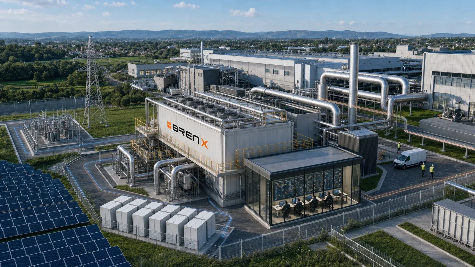 BrenX integrated industrial energy hub — solar generation, thermal storage and plant infrastructure on one site